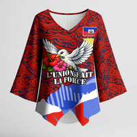 Haiti Flag Day Soul Of The Free L Union Fait La Force Kimono Sleeve Blouse Peace Dove And Power Fist Art With Hibiscus And Broken Chains