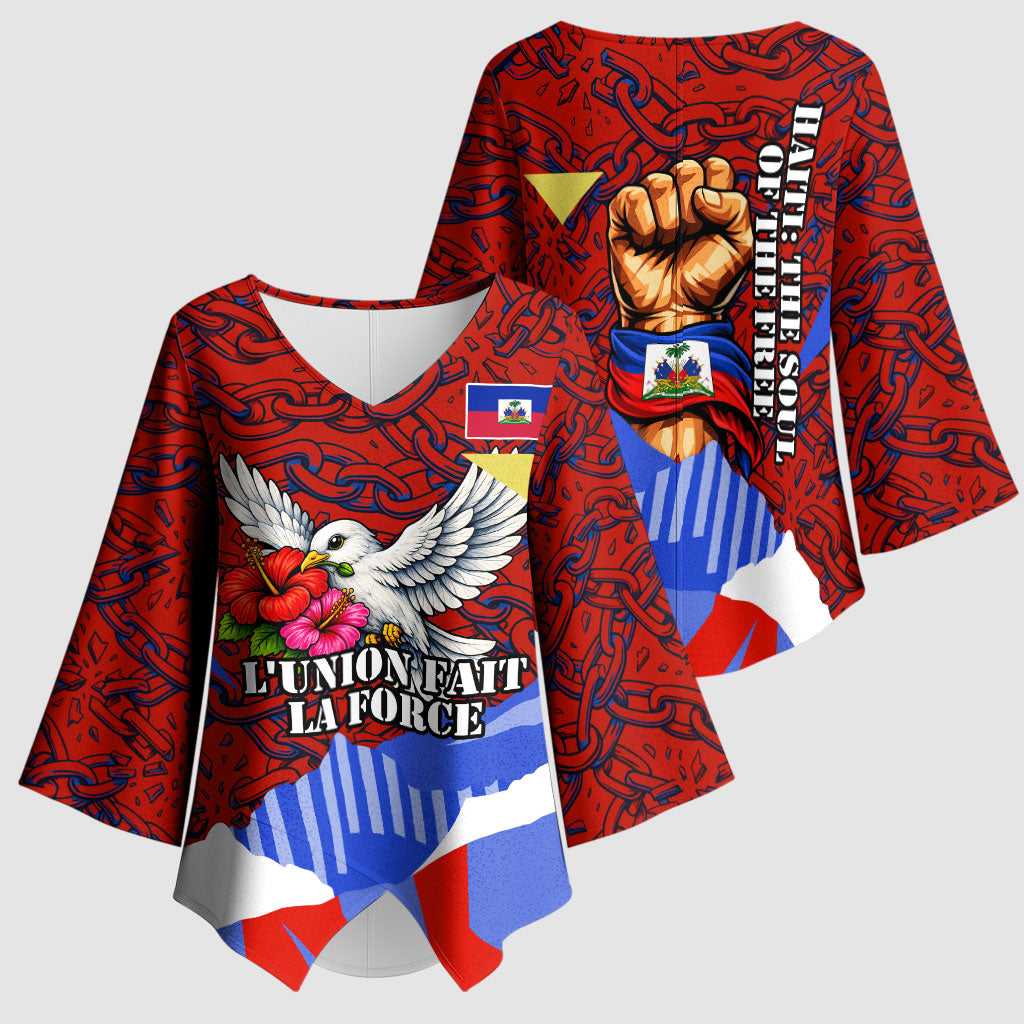 Haiti Flag Day Soul Of The Free L Union Fait La Force Kimono Sleeve Blouse Peace Dove And Power Fist Art With Hibiscus And Broken Chains