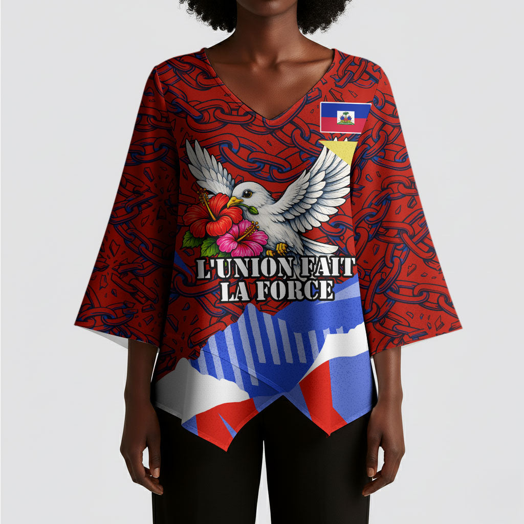 Haiti Flag Day Soul Of The Free L Union Fait La Force Kimono Sleeve Blouse Peace Dove And Power Fist Art With Hibiscus And Broken Chains