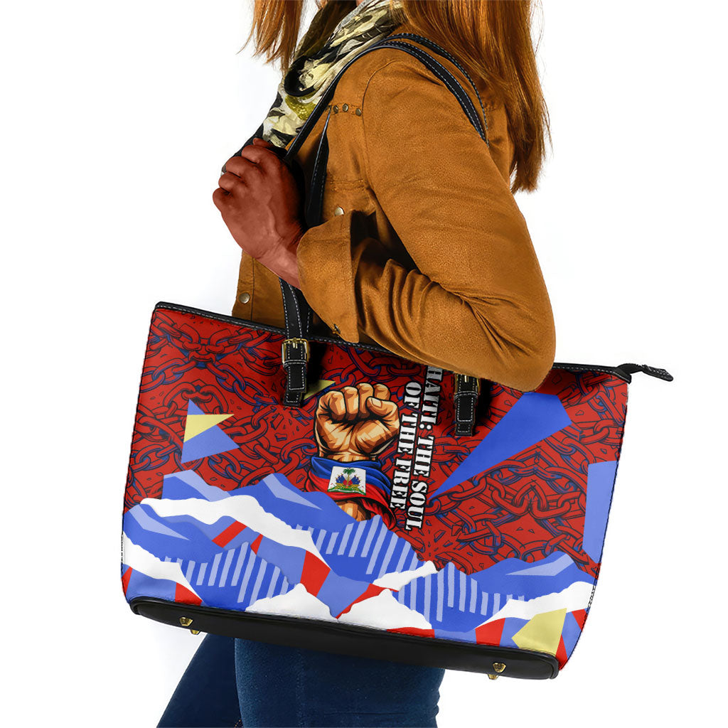 Haiti Flag Day Soul Of The Free L Union Fait La Force Leather Tote Bag Peace Dove And Power Fist Art With Hibiscus And Broken Chains