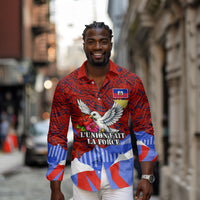 Haiti Flag Day Soul Of The Free L Union Fait La Force Long Sleeve Button Shirt Peace Dove And Power Fist Art With Hibiscus And Broken Chains
