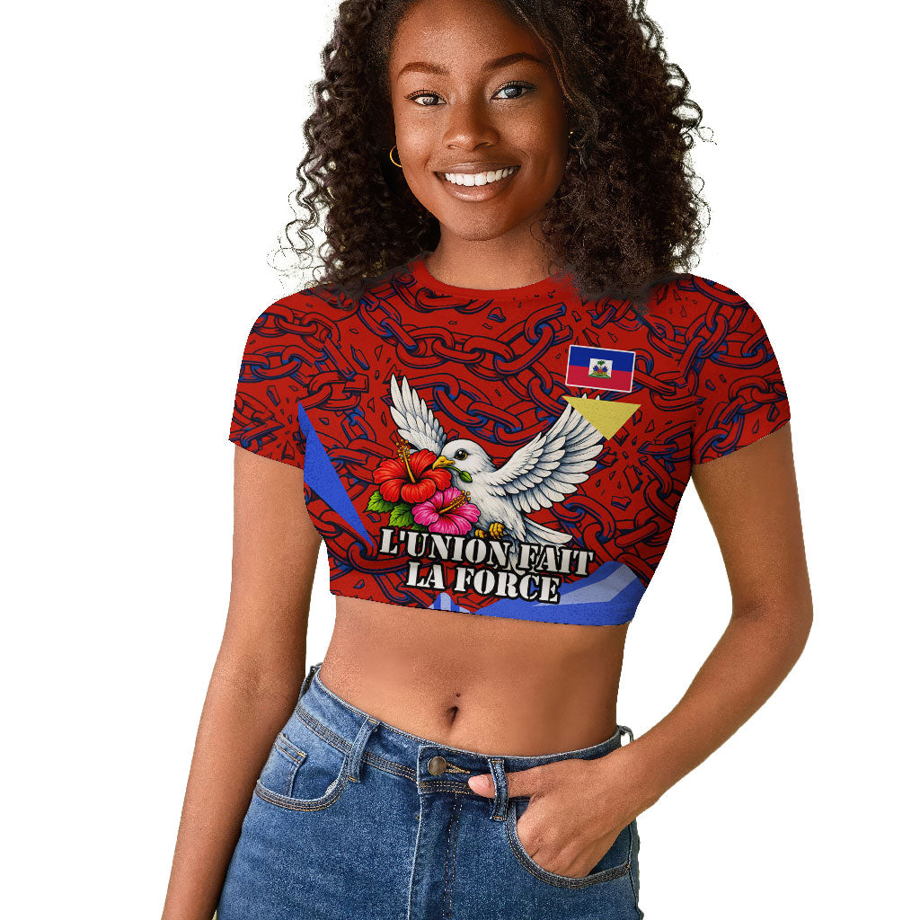 Haiti Flag Day Soul Of The Free L Union Fait La Force Raglan Cropped T shirt Peace Dove And Power Fist Art With Hibiscus And Broken Chains