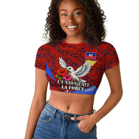 Haiti Flag Day Soul Of The Free L Union Fait La Force Raglan Cropped T shirt Peace Dove And Power Fist Art With Hibiscus And Broken Chains