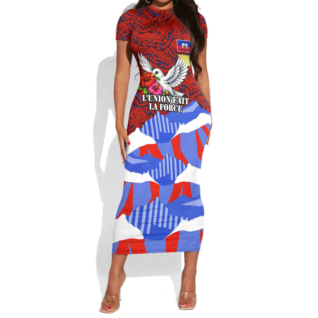 Haiti Flag Day Soul Of The Free L Union Fait La Force Short Sleeve Bodycon Dress Peace Dove And Power Fist Art With Hibiscus And Broken Chains