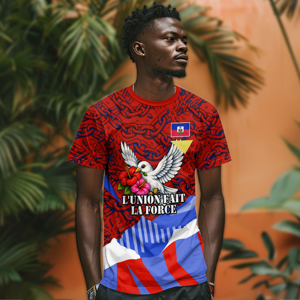 Haiti Flag Day Soul Of The Free L Union Fait La Force T shirt Peace Dove And Power Fist Art With Hibiscus And Broken Chains