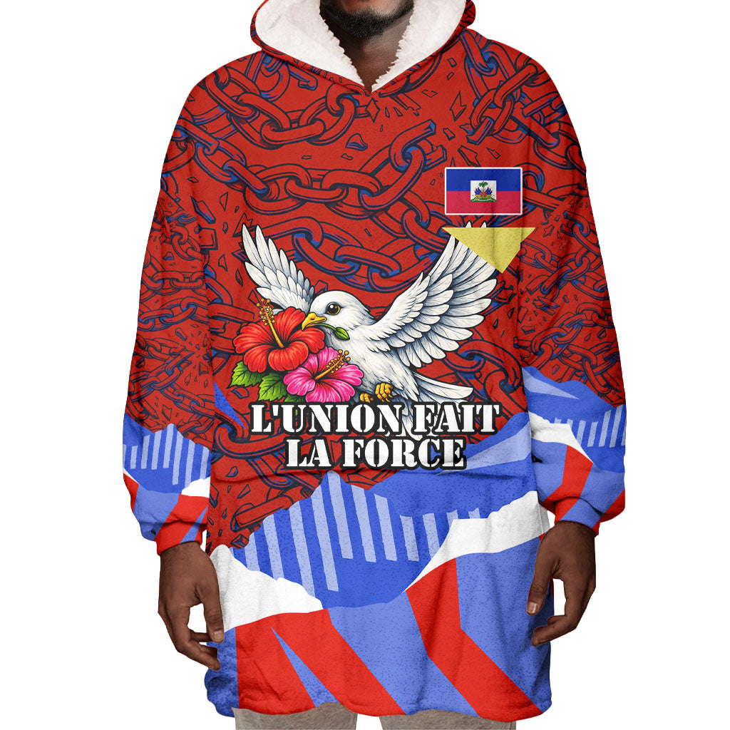 Haiti Flag Day Soul Of The Free L Union Fait La Force Wearable Blanket Hoodie Peace Dove And Power Fist Art With Hibiscus And Broken Chains