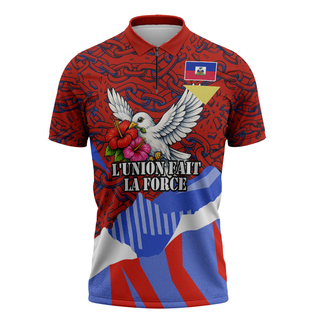 Haiti Flag Day Soul Of The Free L Union Fait La Force Zipper Polo Shirt Peace Dove And Power Fist Art With Hibiscus And Broken Chains