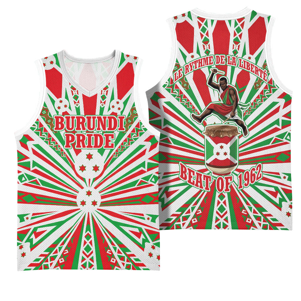 Burundi Pride Beat Of 1962 Independence Day Basketball Jersey Traditional Karyenda Drummer Art With Flag Sunburst Design