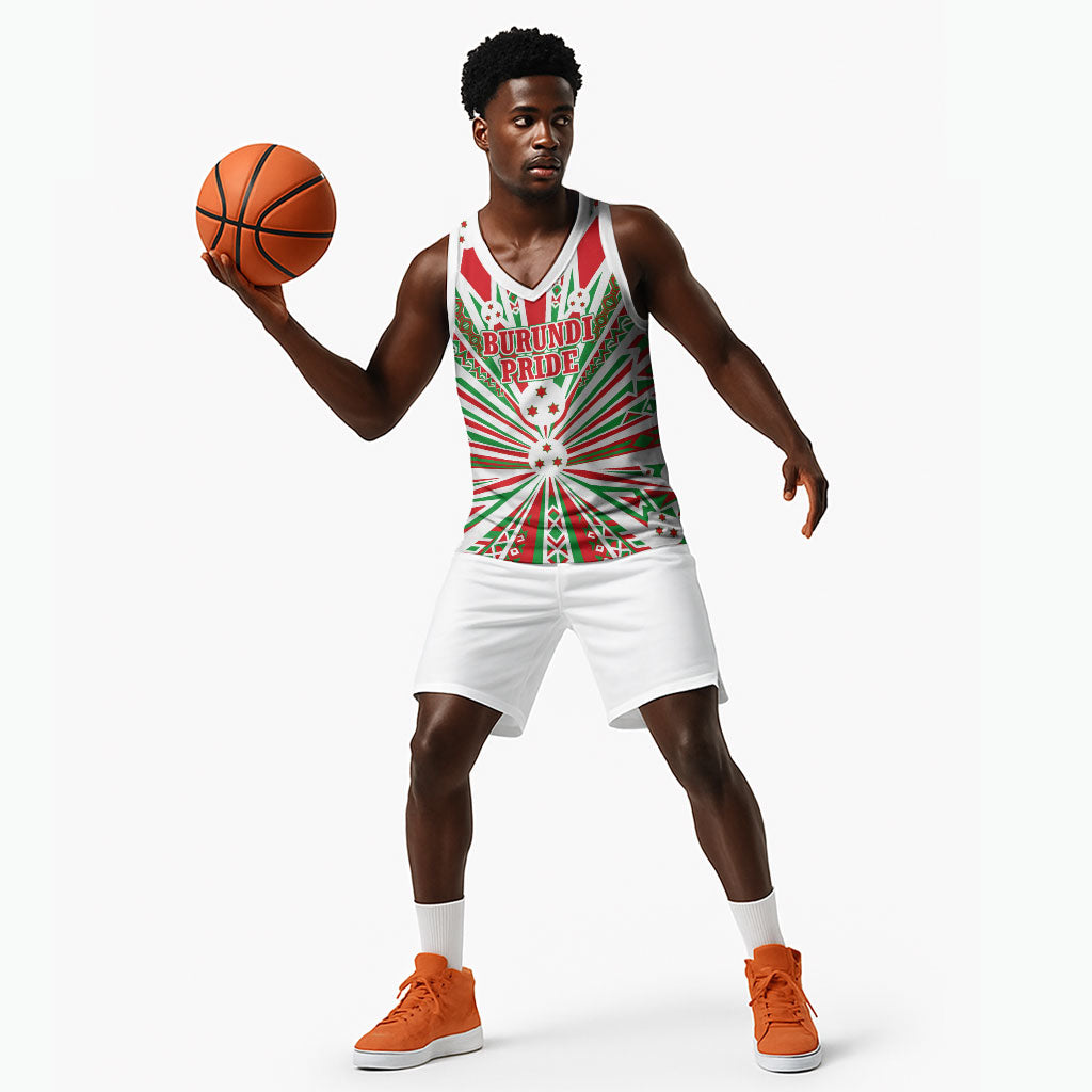 Burundi Pride Beat Of 1962 Independence Day Basketball Jersey Traditional Karyenda Drummer Art With Flag Sunburst Design
