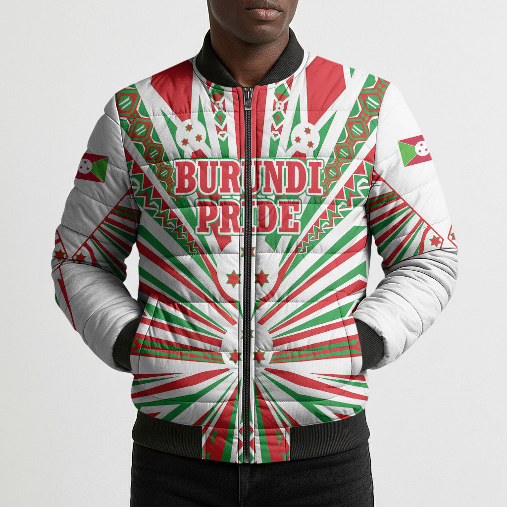 Burundi Pride Beat Of 1962 Independence Day Bomber Puffer Jacket Traditional Karyenda Drummer Art With Flag Sunburst Design