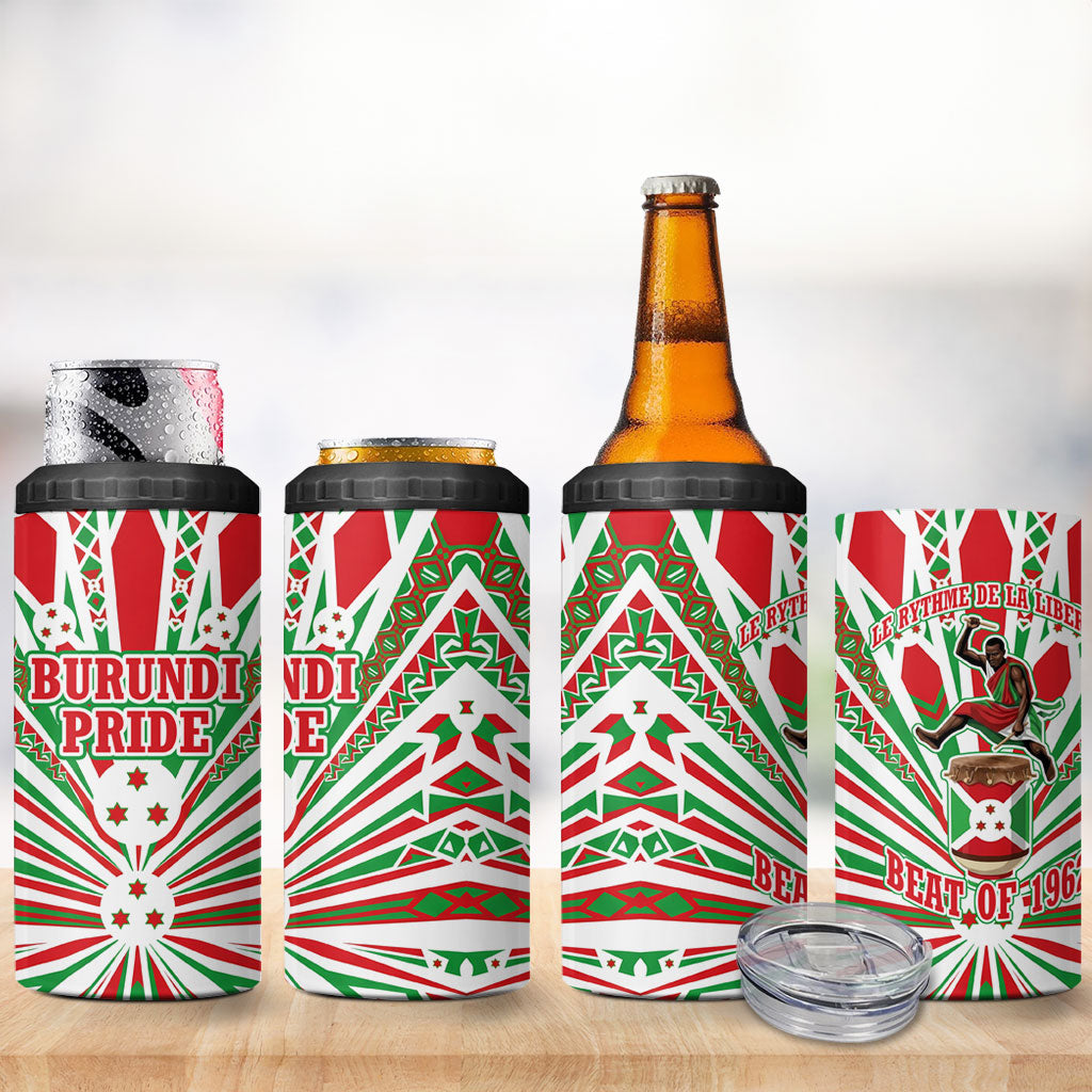Burundi Pride Beat Of 1962 Independence Day 4 in 1 Can Cooler Tumbler Traditional Karyenda Drummer Art With Flag Sunburst Design