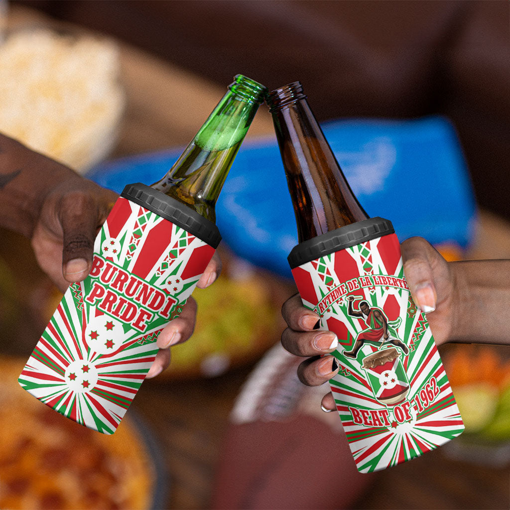 Burundi Pride Beat Of 1962 Independence Day 4 in 1 Can Cooler Tumbler Traditional Karyenda Drummer Art With Flag Sunburst Design
