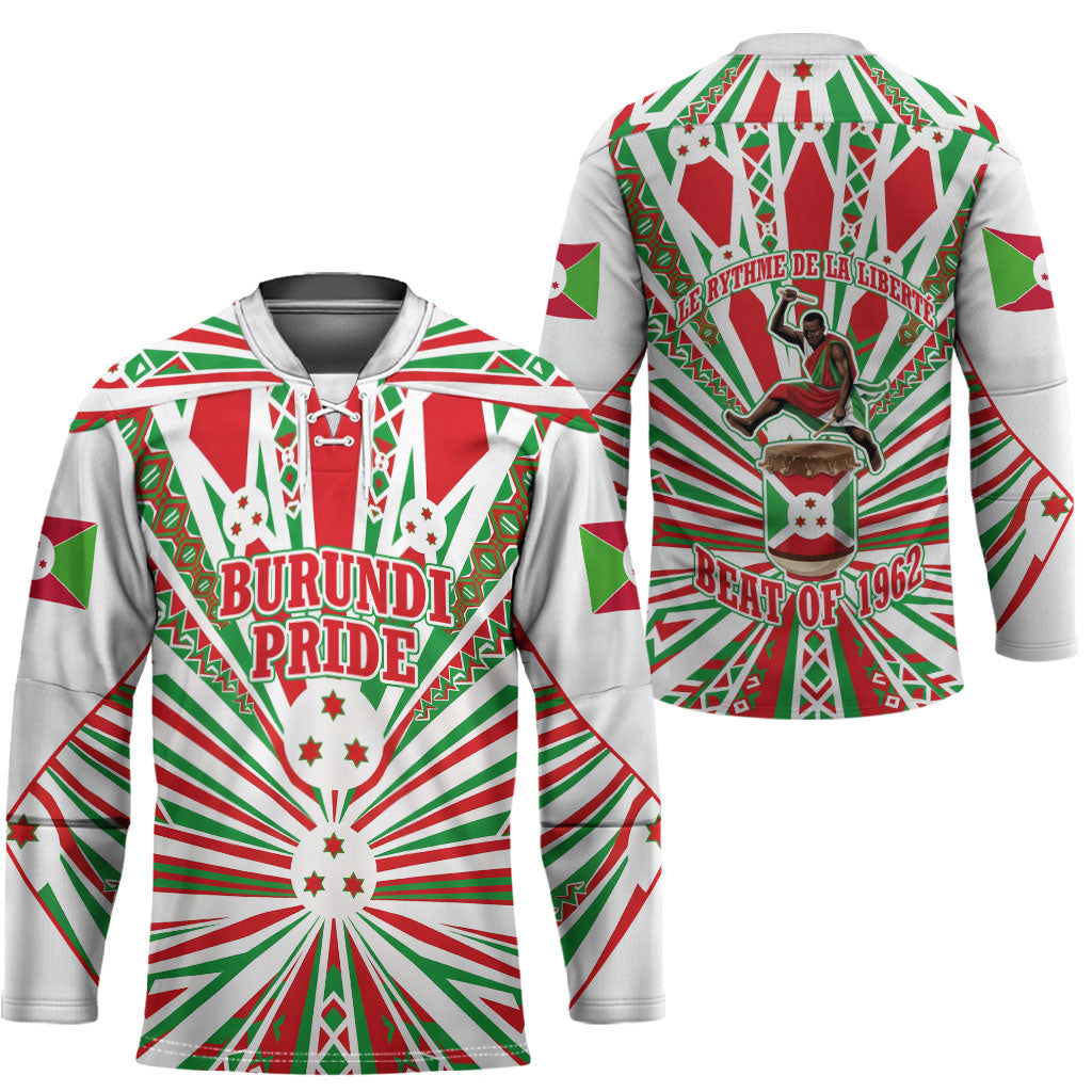 Burundi Pride Beat Of 1962 Independence Day Hockey Jersey Traditional Karyenda Drummer Art With Flag Sunburst Design
