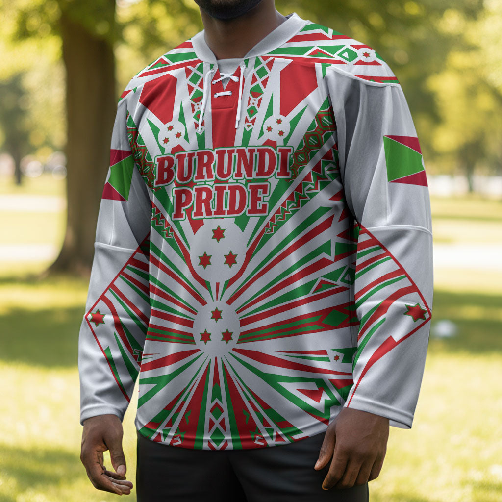 Burundi Pride Beat Of 1962 Independence Day Hockey Jersey Traditional Karyenda Drummer Art With Flag Sunburst Design