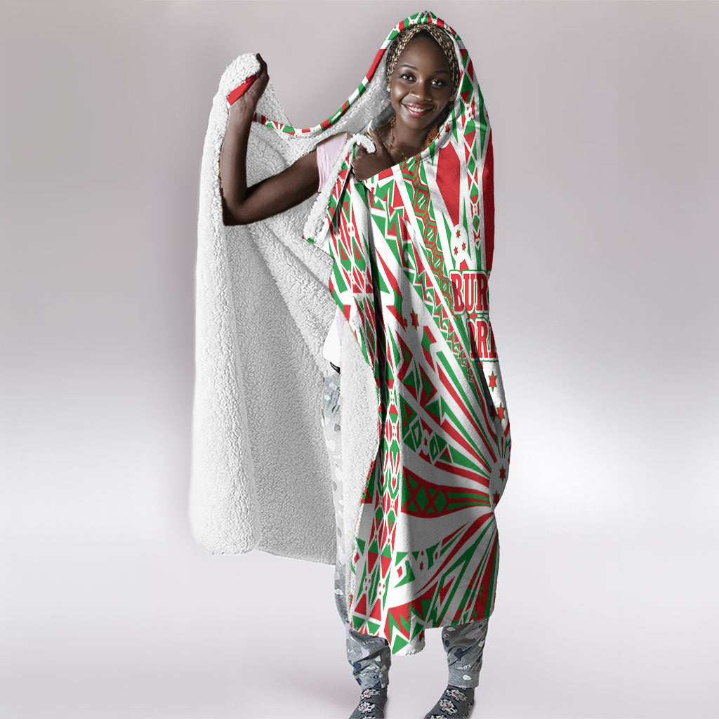 Burundi Pride Beat Of 1962 Independence Day Hooded Blanket Traditional Karyenda Drummer Art With Flag Sunburst Design