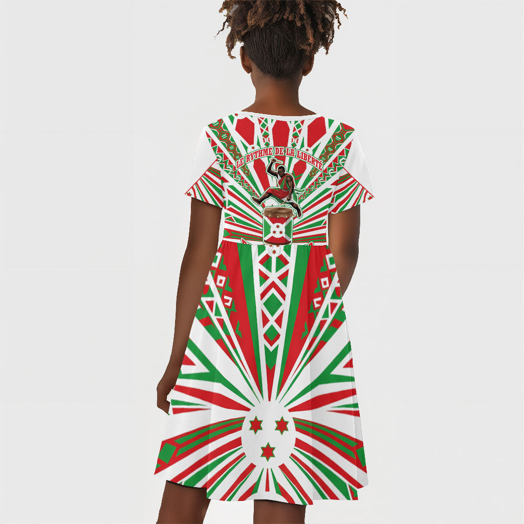 Burundi Pride Beat Of 1962 Independence Day Kid Short Sleeve Dress Traditional Karyenda Drummer Art With Flag Sunburst Design