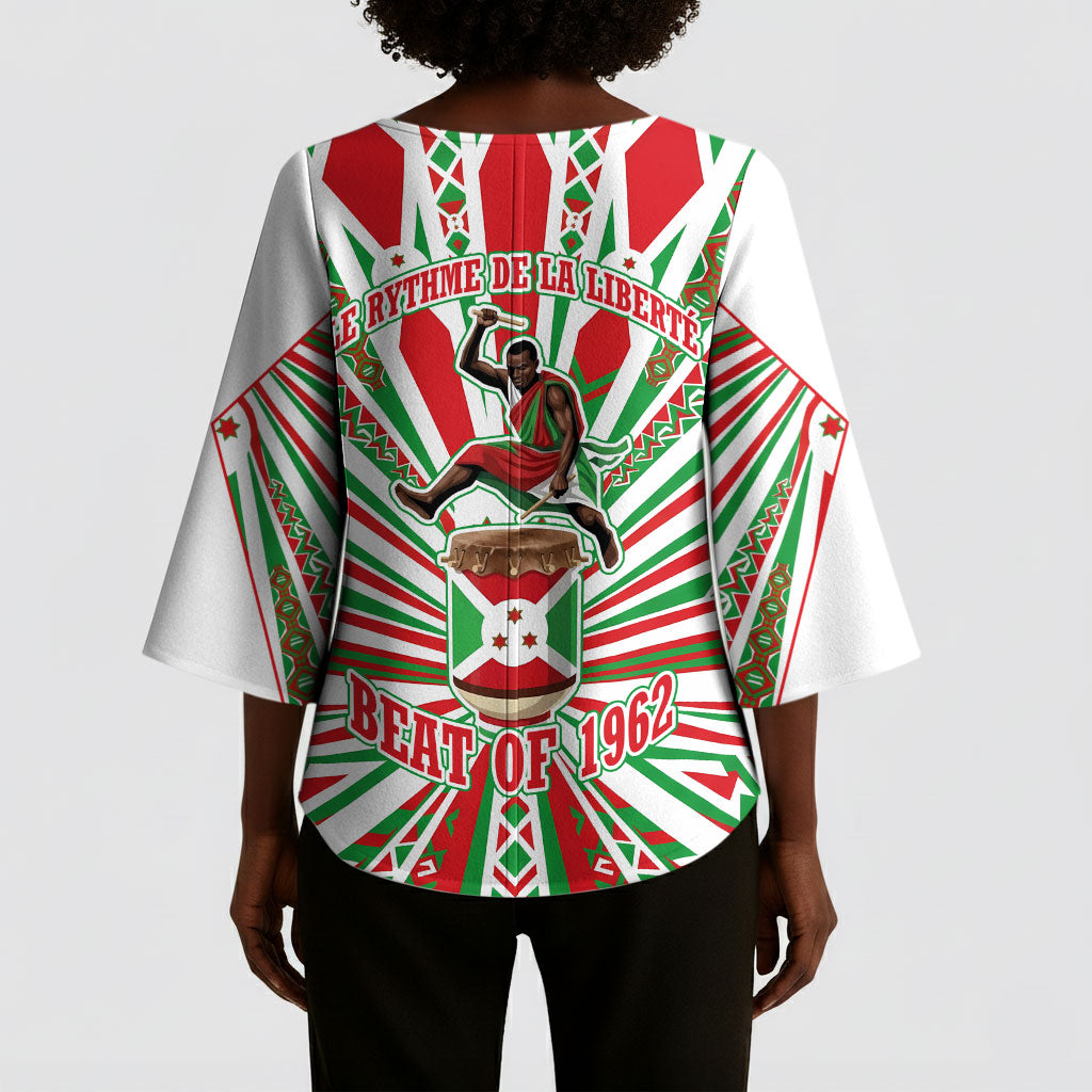 Burundi Pride Beat Of 1962 Independence Day Kimono Sleeve Blouse Traditional Karyenda Drummer Art With Flag Sunburst Design