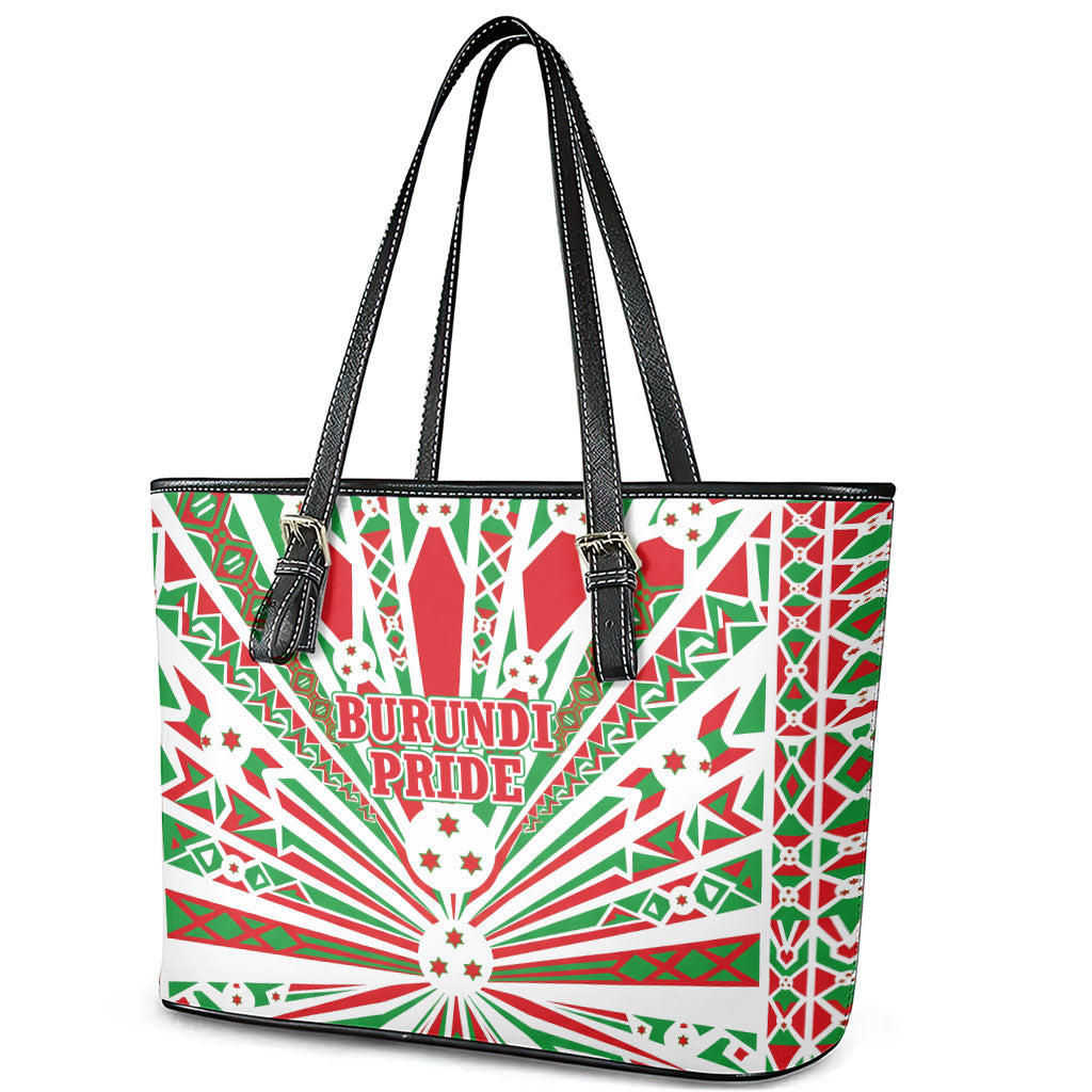 Burundi Pride Beat Of 1962 Independence Day Leather Tote Bag Traditional Karyenda Drummer Art With Flag Sunburst Design