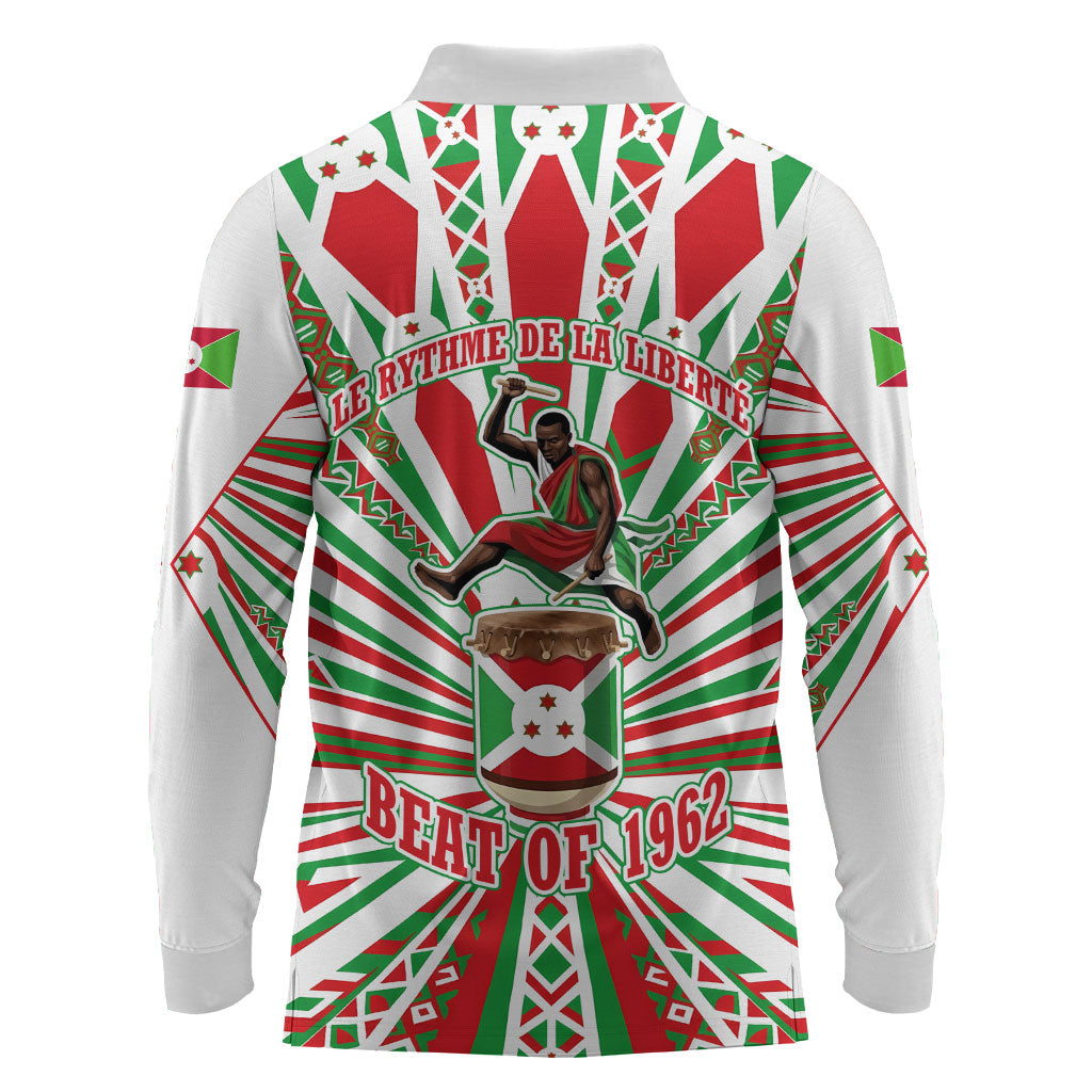 Burundi Pride Beat Of 1962 Independence Day Long Sleeve Polo Shirt Traditional Karyenda Drummer Art With Flag Sunburst Design
