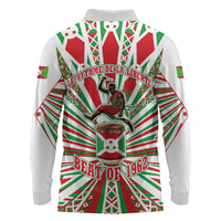 Burundi Pride Beat Of 1962 Independence Day Long Sleeve Polo Shirt Traditional Karyenda Drummer Art With Flag Sunburst Design