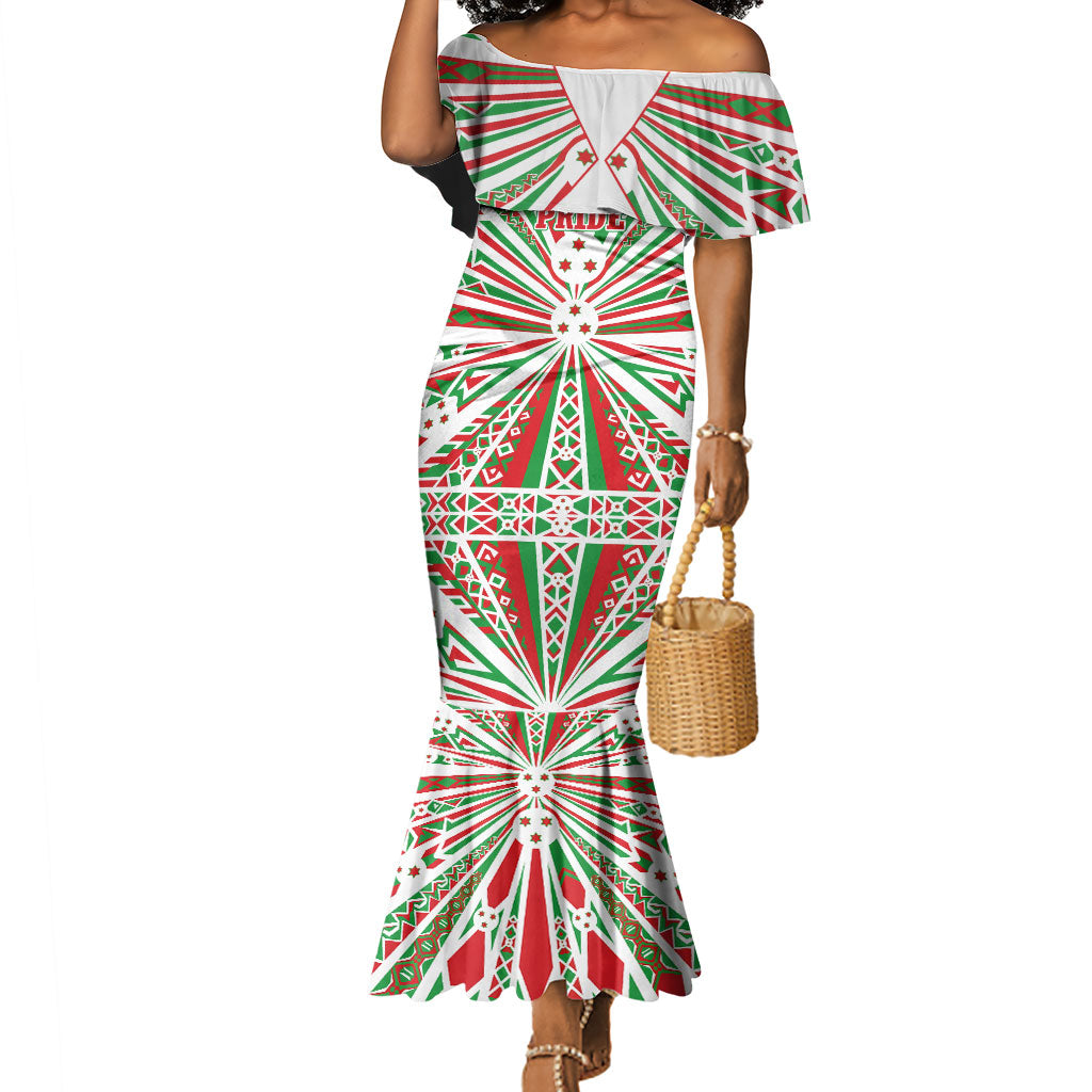 Burundi Pride Beat Of 1962 Independence Day Mermaid Dress Traditional Karyenda Drummer Art With Flag Sunburst Design