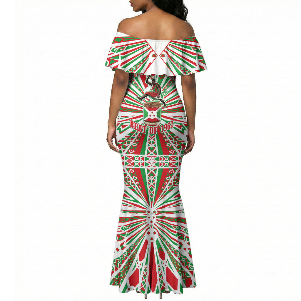 Burundi Pride Beat Of 1962 Independence Day Mermaid Dress Traditional Karyenda Drummer Art With Flag Sunburst Design