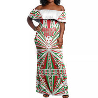 Burundi Pride Beat Of 1962 Independence Day Off Shoulder Maxi Dress Traditional Karyenda Drummer Art With Flag Sunburst Design