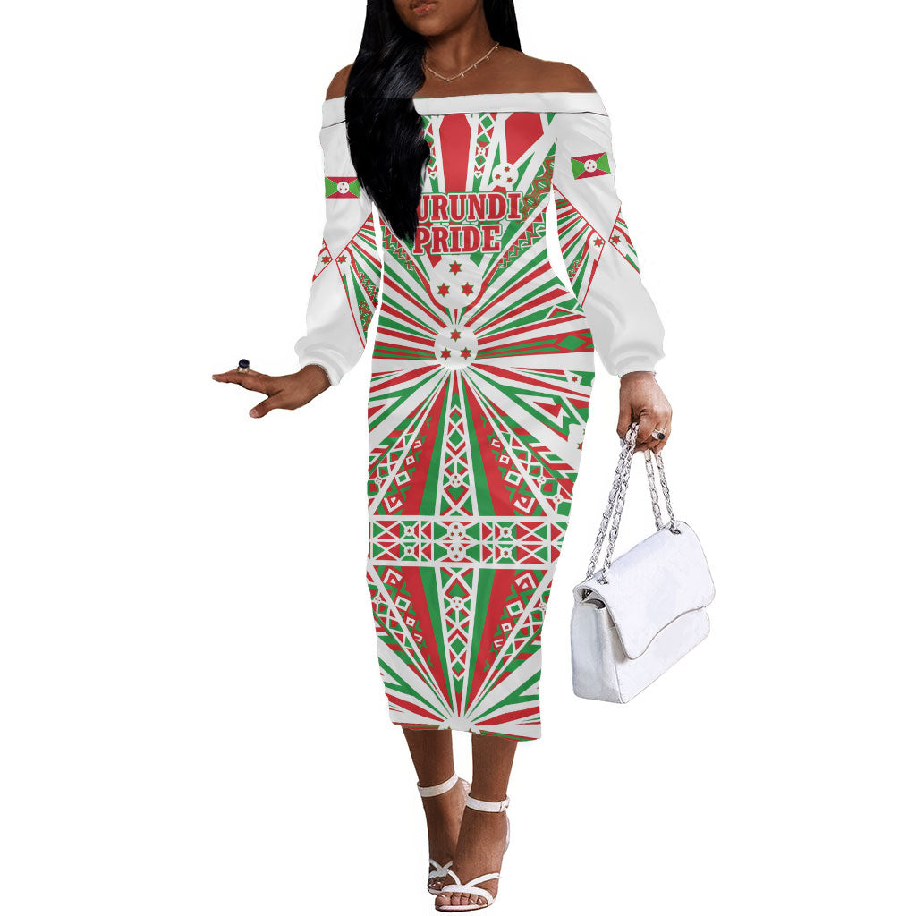 Burundi Pride Beat Of 1962 Independence Day Off The Shoulder Long Sleeve Dress Traditional Karyenda Drummer Art With Flag Sunburst Design