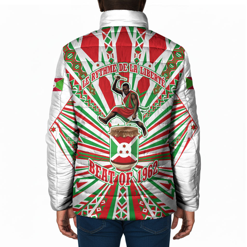 Burundi Pride Beat Of 1962 Independence Day Padded Jacket Traditional Karyenda Drummer Art With Flag Sunburst Design