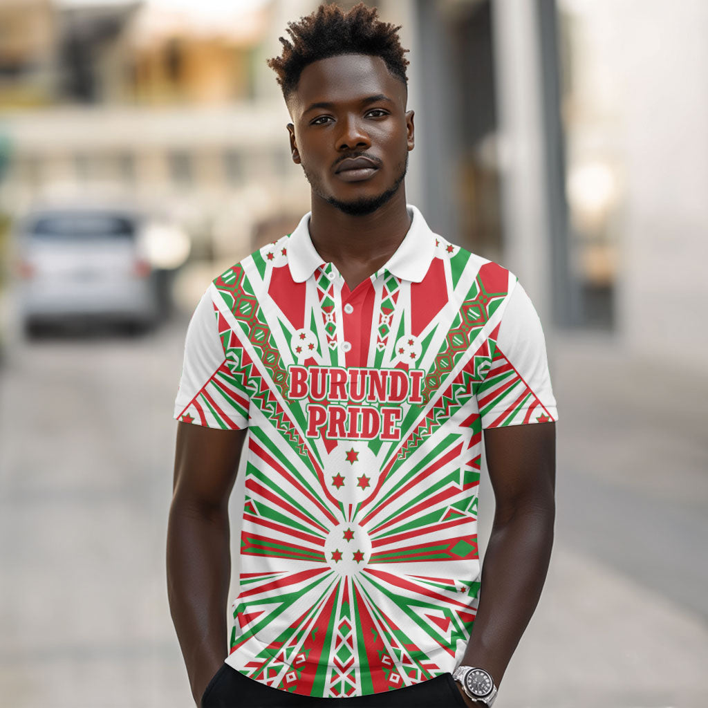 Burundi Pride Beat Of 1962 Independence Day Polo Shirt Traditional Karyenda Drummer Art With Flag Sunburst Design