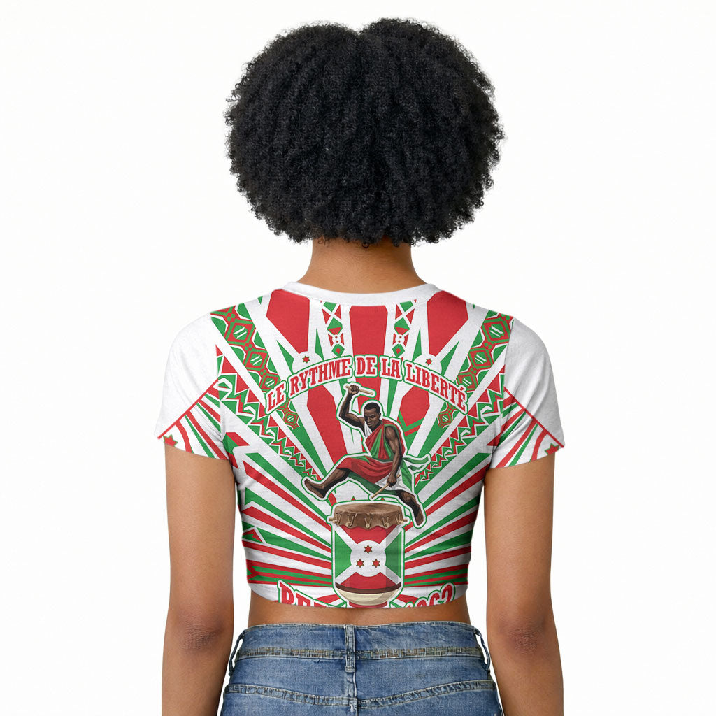 Burundi Pride Beat Of 1962 Independence Day Raglan Cropped T shirt Traditional Karyenda Drummer Art With Flag Sunburst Design