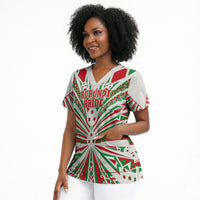 Burundi Pride Beat Of 1962 Independence Day Scrub Top Traditional Karyenda Drummer Art With Flag Sunburst Design