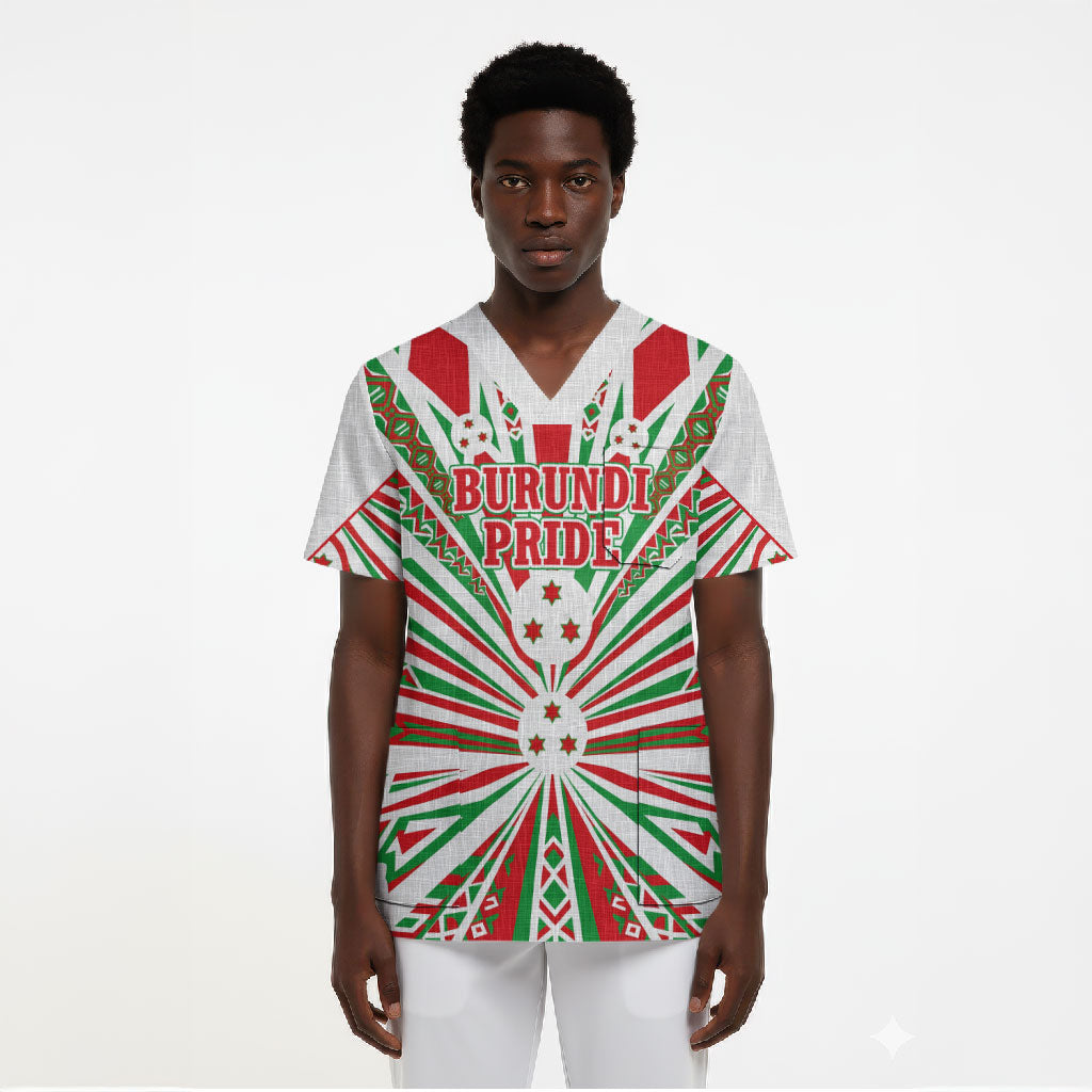 Burundi Pride Beat Of 1962 Independence Day Scrub Top Traditional Karyenda Drummer Art With Flag Sunburst Design