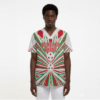 Burundi Pride Beat Of 1962 Independence Day Scrub Top Traditional Karyenda Drummer Art With Flag Sunburst Design
