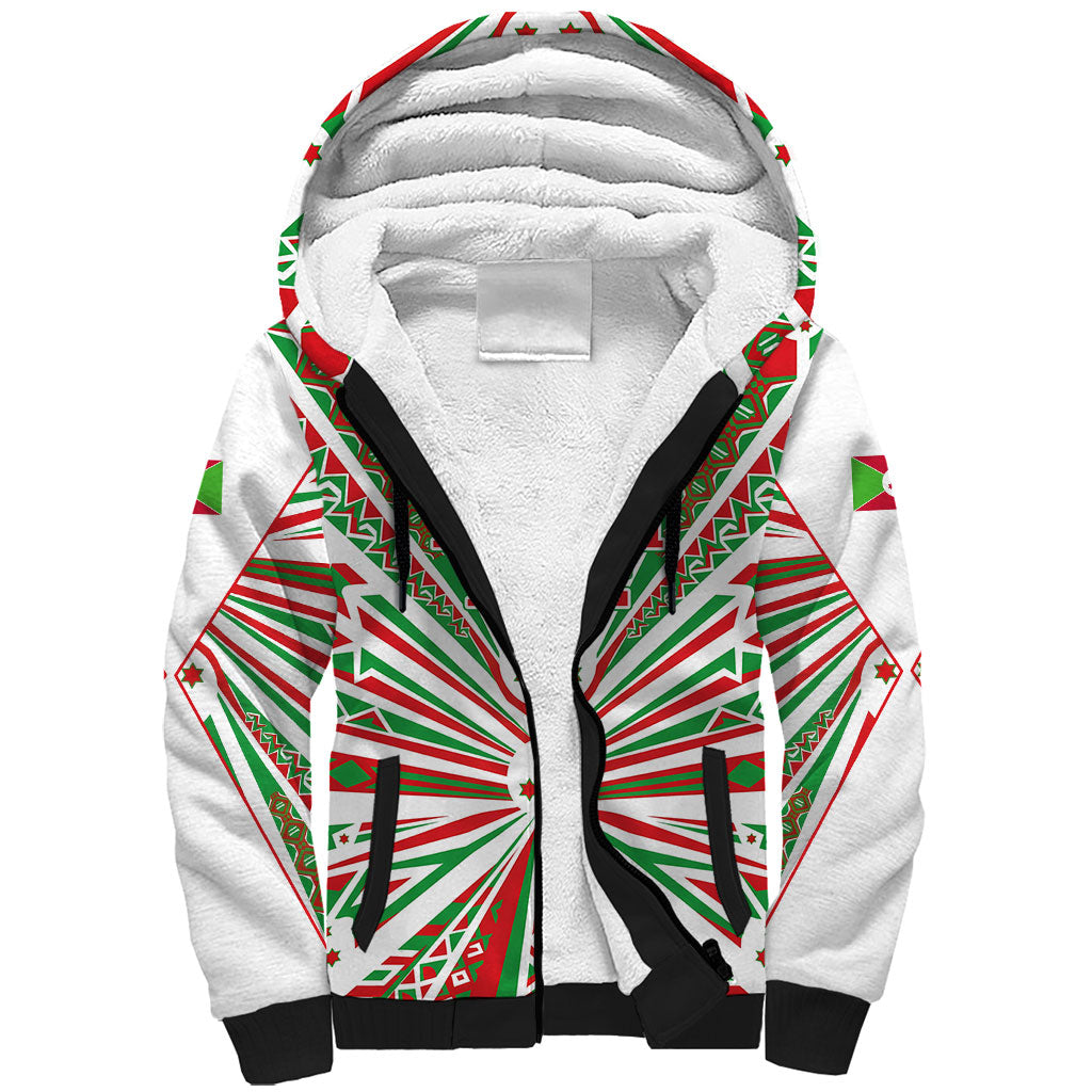 Burundi Pride Beat Of 1962 Independence Day Sherpa Hoodie Traditional Karyenda Drummer Art With Flag Sunburst Design
