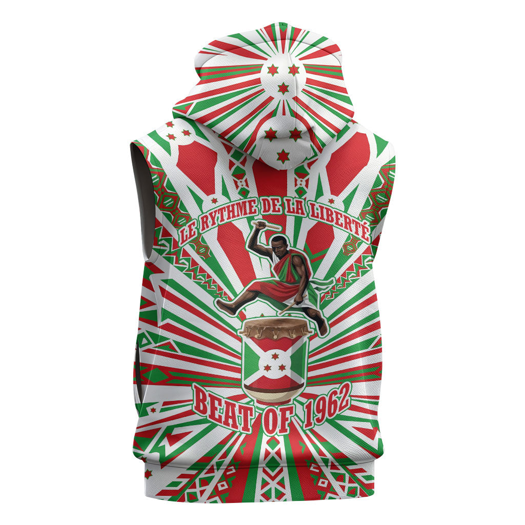 Burundi Pride Beat Of 1962 Independence Day Sleeveless Hoodie Traditional Karyenda Drummer Art With Flag Sunburst Design