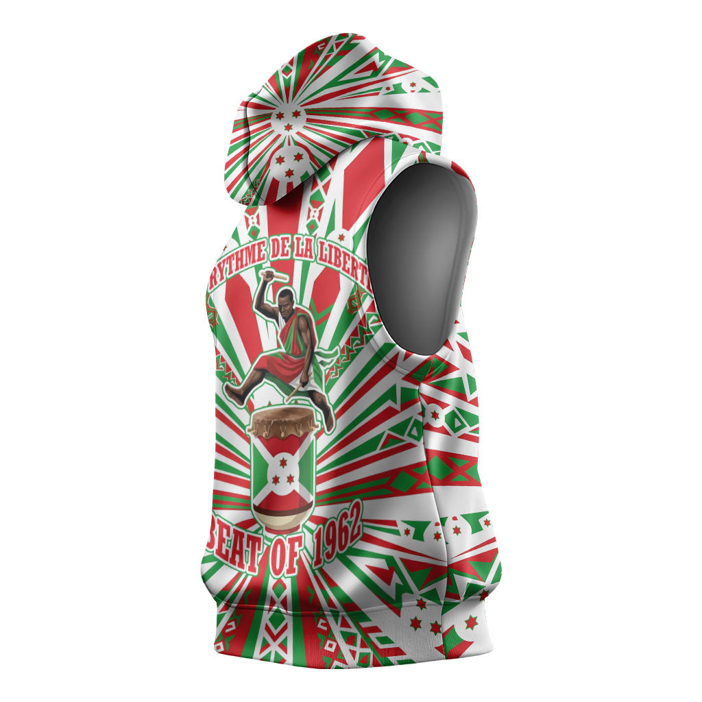 Burundi Pride Beat Of 1962 Independence Day Sleeveless Hoodie Traditional Karyenda Drummer Art With Flag Sunburst Design