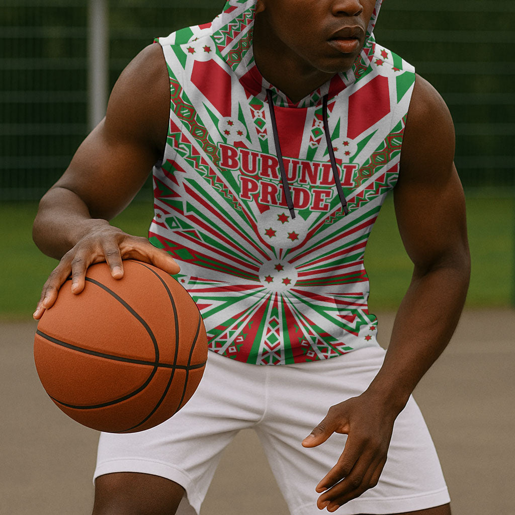 Burundi Pride Beat Of 1962 Independence Day Sleeveless Hoodie Traditional Karyenda Drummer Art With Flag Sunburst Design