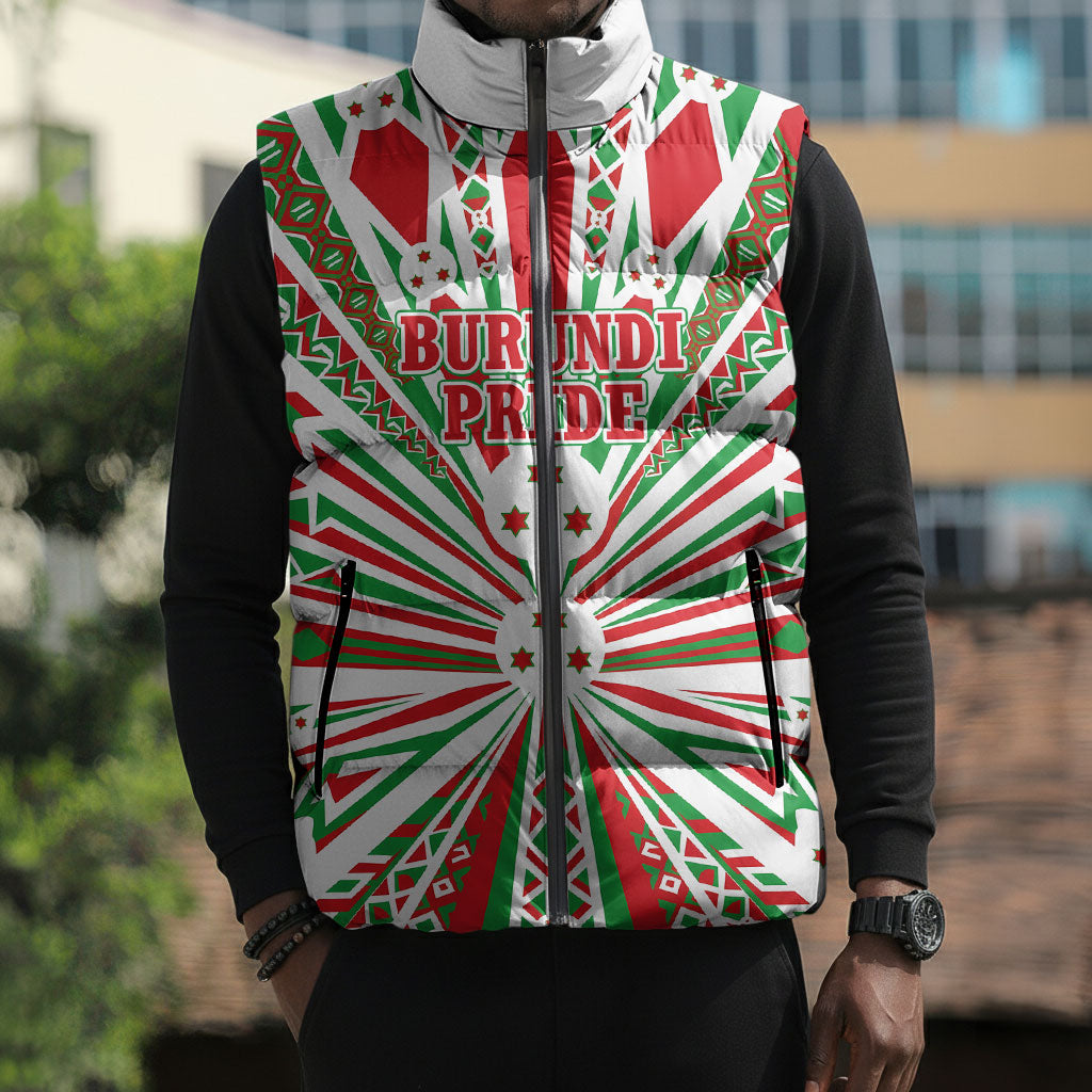 Burundi Pride Beat Of 1962 Independence Day Sleeveless Puffer Jacket Traditional Karyenda Drummer Art With Flag Sunburst Design
