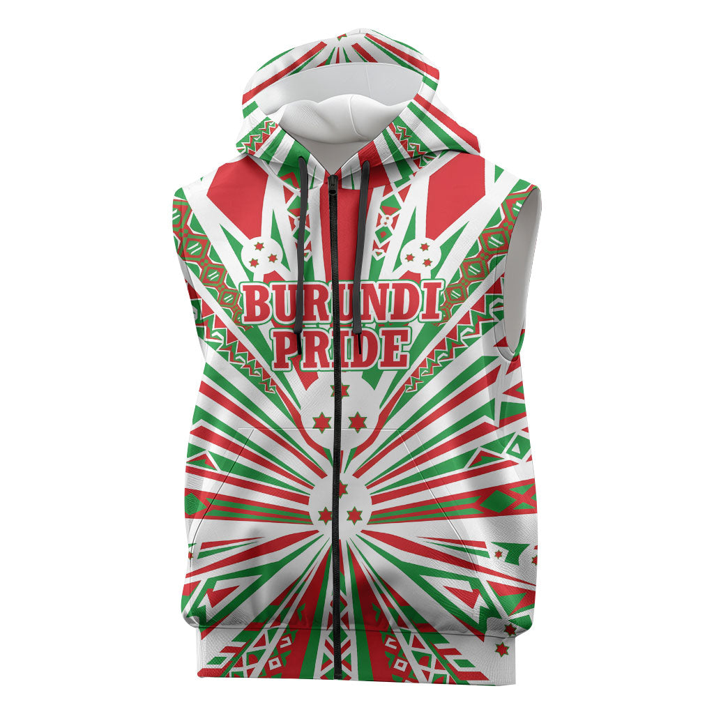 Burundi Pride Beat Of 1962 Independence Day Sleeveless Zip Hoodie Traditional Karyenda Drummer Art With Flag Sunburst Design