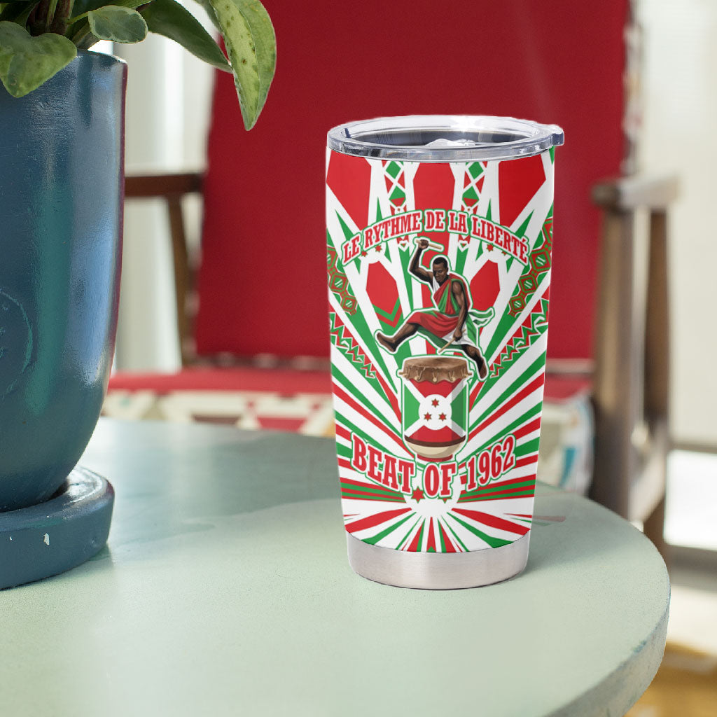 Burundi Pride Beat Of 1962 Independence Day Tumbler Cup Traditional Karyenda Drummer Art With Flag Sunburst Design