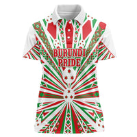 Burundi Pride Beat Of 1962 Independence Day Women Polo Shirt Traditional Karyenda Drummer Art With Flag Sunburst Design