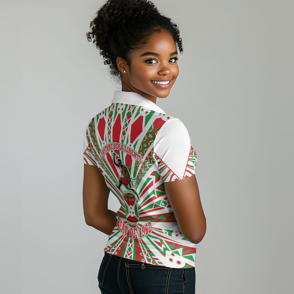 Burundi Pride Beat Of 1962 Independence Day Women Polo Shirt Traditional Karyenda Drummer Art With Flag Sunburst Design