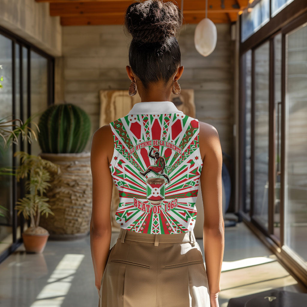 Burundi Pride Beat Of 1962 Independence Day Women Sleeveless Polo Shirt Traditional Karyenda Drummer Art With Flag Sunburst Design