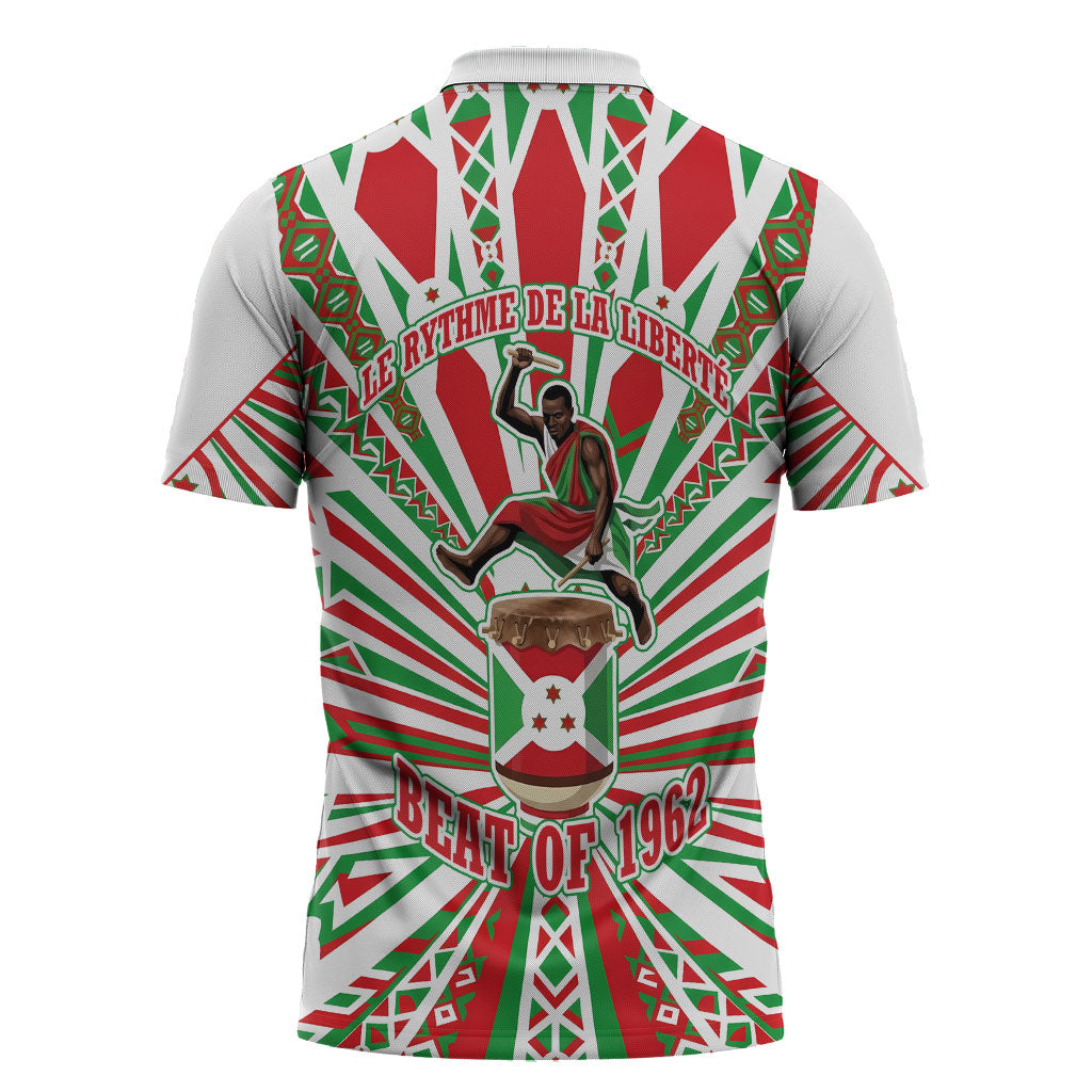 Burundi Pride Beat Of 1962 Independence Day Zipper Polo Shirt Traditional Karyenda Drummer Art With Flag Sunburst Design