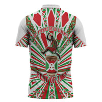 Burundi Pride Beat Of 1962 Independence Day Zipper Polo Shirt Traditional Karyenda Drummer Art With Flag Sunburst Design