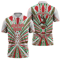 Burundi Pride Beat Of 1962 Independence Day Zipper Polo Shirt Traditional Karyenda Drummer Art With Flag Sunburst Design