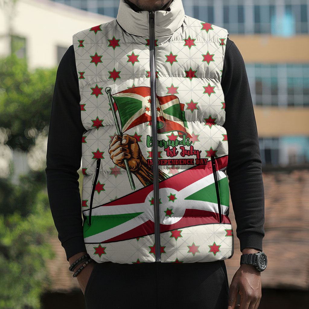 Burundi 1st July Independence Day Sleeveless Puffer Jacket Patriotic Flag Portrait Art - Geometric Star Pattern