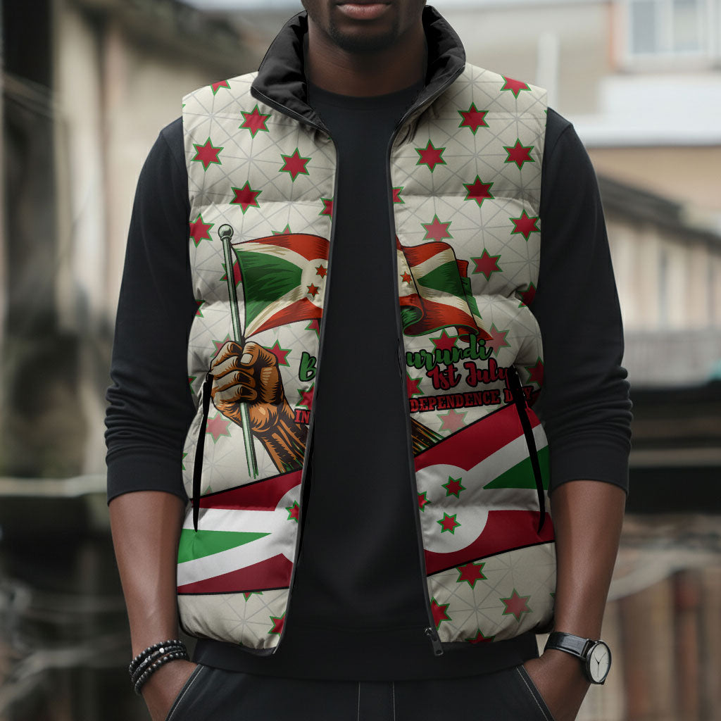 Burundi 1st July Independence Day Sleeveless Puffer Jacket Patriotic Flag Portrait Art - Geometric Star Pattern