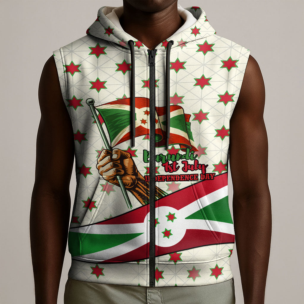Burundi 1st July Independence Day Sleeveless Zip Hoodie Patriotic Flag Portrait Art - Geometric Star Pattern